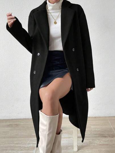 SHEIN PETITE Classic Double-Breasted Solid Color Lapel Coat, Versatile For Autumn/Winter