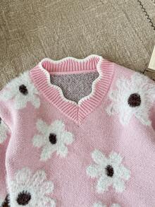 SHEIN LMoss Kids LMoss Baby Girl Floral Pattern Gray Long Sleeve Sweater, Cute & Versatile, Autumn/Winter - Multicolor - View 5