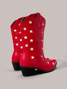 Styleloop Women's Pointed Toe Embroidered Color Block Mid-Calf Boots With Wooden Heels, Suitable For Christmas, New Year Party, Winter Outfit - Red - View 5