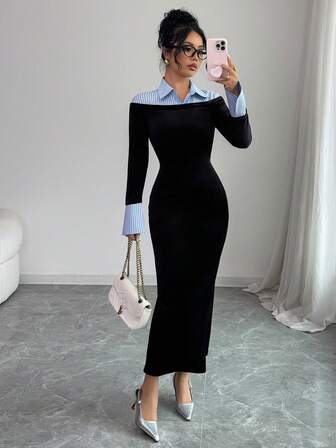 Gloray 女士优雅丝绒拼接条纹翻领弹力腰身修身连衣裙，长袖