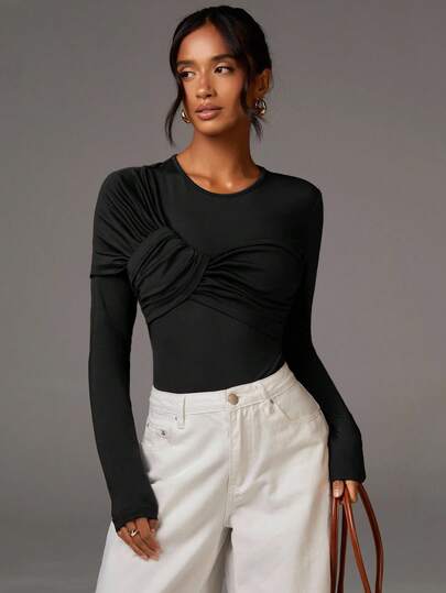 Athîral Women's Minimalist Long Sleeve Bodysuit, Everyday Wear Twist Front Black Bodysuit