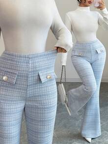 SHEIN Elenzya 2025 New Elegant French Style Blue Plaid Elastic Tweed Design Waist Cinching Slim Fit Pearl Button Elastic Waist Flared Casual Versatile Metallic Thread Holiday Autumn Women Pants - Blue and White - View 1
