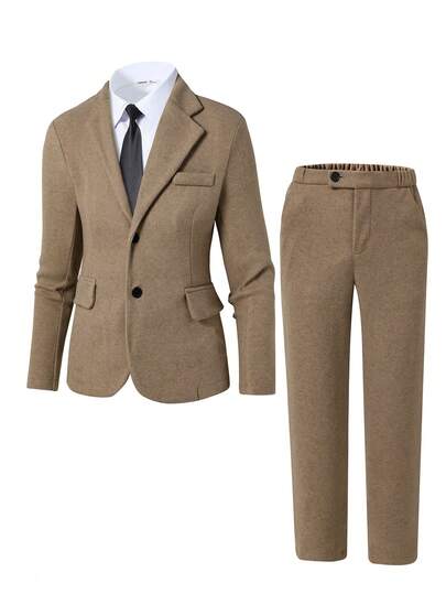 SHEIN مجموعة بدلة رسمية للمراهقين الأنيقة، جاكيت بليزر ذات تصميم ضيق من خليط الصوف اللون الخاكي + بنطلون من خليط الصوف اللون الخاكي، مناسبة للحفلات والمناسبات الرسمية والسهرات والأعراس والأحداث
