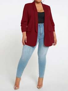 SHEIN CURVE+ Áo blazer tay lửng 3/4 cổ bẻ dáng suông, cỡ lớn, thích hợp cho mùa Thu/Đông. - Màu Đỏ Sâu - Xem 5