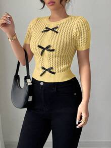 Elenzga Áo chui đầu dệt kim dây thừng mềm mại khoét lỗ họa tiết bướm dành cho nữ, thích hợp đi biển - Màu vàng - Xem 6