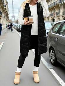 SHEIN Clasi Abrigo con capucha sin mangas hasta la rodilla con relleno y bolsillos para mujer talla grande - Negro - Ver 6