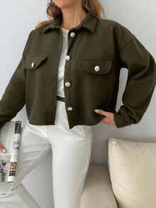 EURMUSE Solid Color, Gold Button Details, Coat - Army Green - View 4