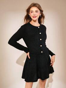 Teen Girls Cozy Fuzzy 2pcs Outfit,Long-Sleeve Button Front Cardigan&Flared Mini Skirt Set,Black Soft Textured Autumn,Casual,Holiday Stylish Ensemble - Black - View 7