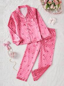 2 Piece Sets Girls Taffeta Bow Print Polka Dot Long Sleeve Top And Pants Pajama Set, Spring/Autumn - Hot Pink - View 3