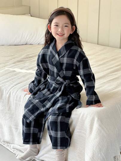DAZY 女童两件套格子简约中长睡袍和直筒宽松睡裤套装，秋季休闲家居服