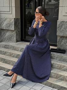 Siren Gaze Women's Boat Neck Lantern Sleeve Ruched Striped Dress Navy Blue Elegant Dress Vertical Stripe Dress Long Sleeve Elegant Dress Elegant Midi Dress Long Sleeve Dress Winter Evening Dress Boat Neck Dress Pinstripe Midi Dress Formal Midi Dress Naval Blue Dress Elegant Long Sleeve Dress Spring - Navy Blue - View 7