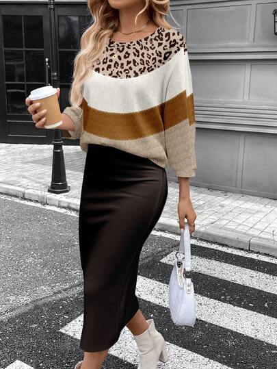 SHEIN LUNE Conjunto informal de 2 piezas con estampado de leopardo y bloques de color, adecuado para otoño/invierno