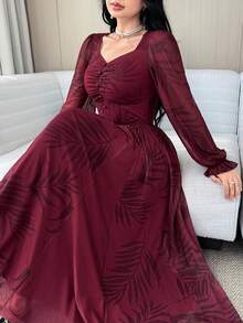 Feyla Đầm dài tay cổ tim thanh lịch dành cho nữ - Màu Đỏ Sâu - Xem 2