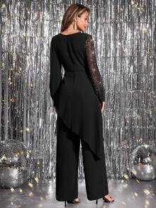 SHEIN Clasi 女款秋季黑色優雅性感夜店風兩件套，金屬拼接3D花卉V領長袖不對稱下擺上衣與直筒長褲 - 黑色 - 查看 5