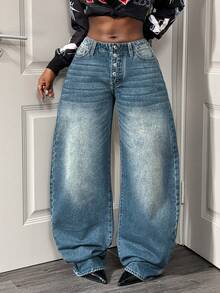 BamGleam Women's Low Waist Fashionable Loose Casual Street Wear Jeans - Dark Wash - View 4