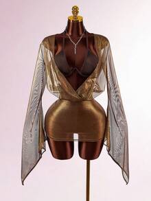 Amplova 时尚紧身网纱深V领蝙蝠袖网纱透视紧身半身裙，搭配细肩带钢圈文胸，两件套，适合派对和假日穿着。 - 鏽棕色 - 查看 4