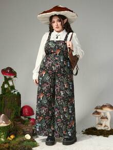 ROMWE Fairycore Plus Size Casual Mångsidig Jumpsuit Med Skogssvampmönster - Svart - Visa 2