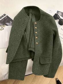 Franclia 时尚法式优雅短款棕色圆领长袖女士大衣，秋冬 - 軍綠色 - 查看 7