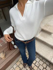 SHEIN Unity Women's Solid Color V-Neck Loose Oversize Sweater,Long Sleeve Tops Knit Pullover Fall Winter Outfit - White - View 3