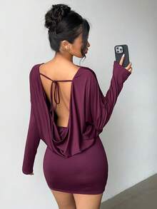 Aloruh Purple Women's Elegant Knit Backless Tie Strap Mini Dress - Purple - View 1