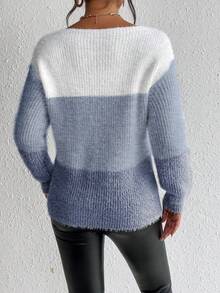 SHEIN LUNE 女士撞色圆领长袖简约日常套头毛衣 - 彩色 - 查看 2