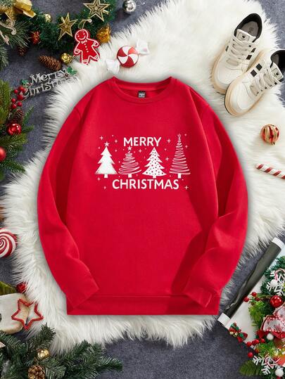 Manfinity Homme Suéter de felpa con estampado minimalista de árbol de Navidad de color rojo carmesí para hombres maduros y casuales