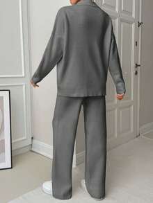 EURMUSE Woman Loose Fit Comfy Warm Thick Polo Neck Sweater And Pants Co-Ords Two Pieces Set - Grey - View 2