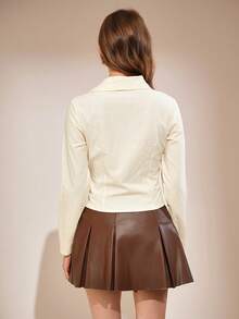 Teen Girl Casual Versatile Pleated Collar Shirt, Front Eyelet Button Closure, Suitable For School, Commute, Outing, Strolling, Can Be Paired With Jackets, Vests, Coats, Down Jackets, Pants, Jeans, Sweatpants - Apricot - View 2