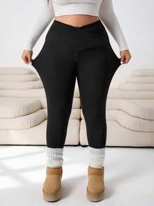 Solflare Plus Size Casual Solid Color Slim Fit Pants/Winter - Black - View 8