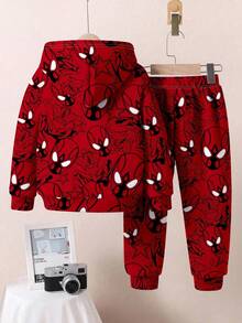 SHEIN 2pcs Set Young Boys Loose Casual Spooky Spider Web Print Mask Graphic Comfortable Hoodie Sweatshirt + Pants, Suitable For Autumn/Winter