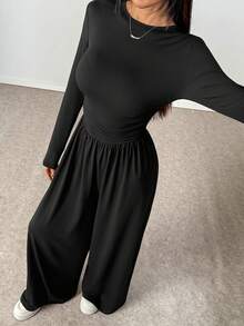 SHEIN Unity Casual Round Neck Side Ruched Long Sleeve Black Jumpsuit, Suitable For Spring, Autumn And Winter - Black - View 3