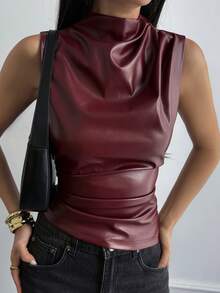 Livesso Women's Autumn/Winter Pleated Waist Sleeveless PU Top Y2k