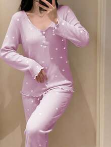 Sparklyn 2pcs Girls Ribbed Fabric Casual Comfortable Pajama Set, Long Pants And Long Sleeve Top - Pink - View 1