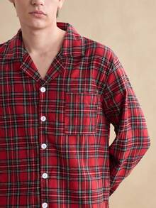 SHEIN 格子休闲翻领上衣和裤子睡衣套装，舒适优雅的细节设计，秋季服装，英伦绅士格子优雅男士家居服套装，圣诞节，秋冬季服装 - 彩色 - 查看 5