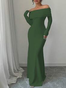 Rafferiza 性感优雅修身长袖收腰双层露肩扭结露背鱼尾下摆罗纹针织连衣裙，白色，秋冬款 - 墨綠色 - 查看 6