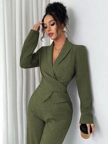 Modelyn Conjunto de 2 piezas de mujer con manga larga, envolvente cruzado y cintura anudada, en color sólido para otoño