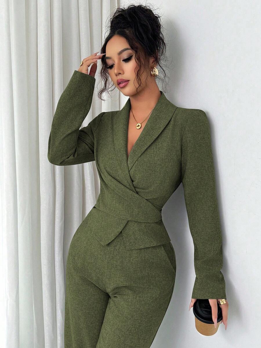 Modelyn Conjunto de 2 piezas de mujer con manga larga, envolvente cruzado y cintura anudada, en color sólido para otoño