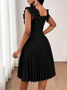 SHEIN Lady 女士优雅纯色褶皱无袖迷你连衣裙 - 黑色 - 查看 2