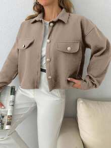 SHEIN Cottnline Solid Color, Gold Button Details, Coat - Beige - View 4