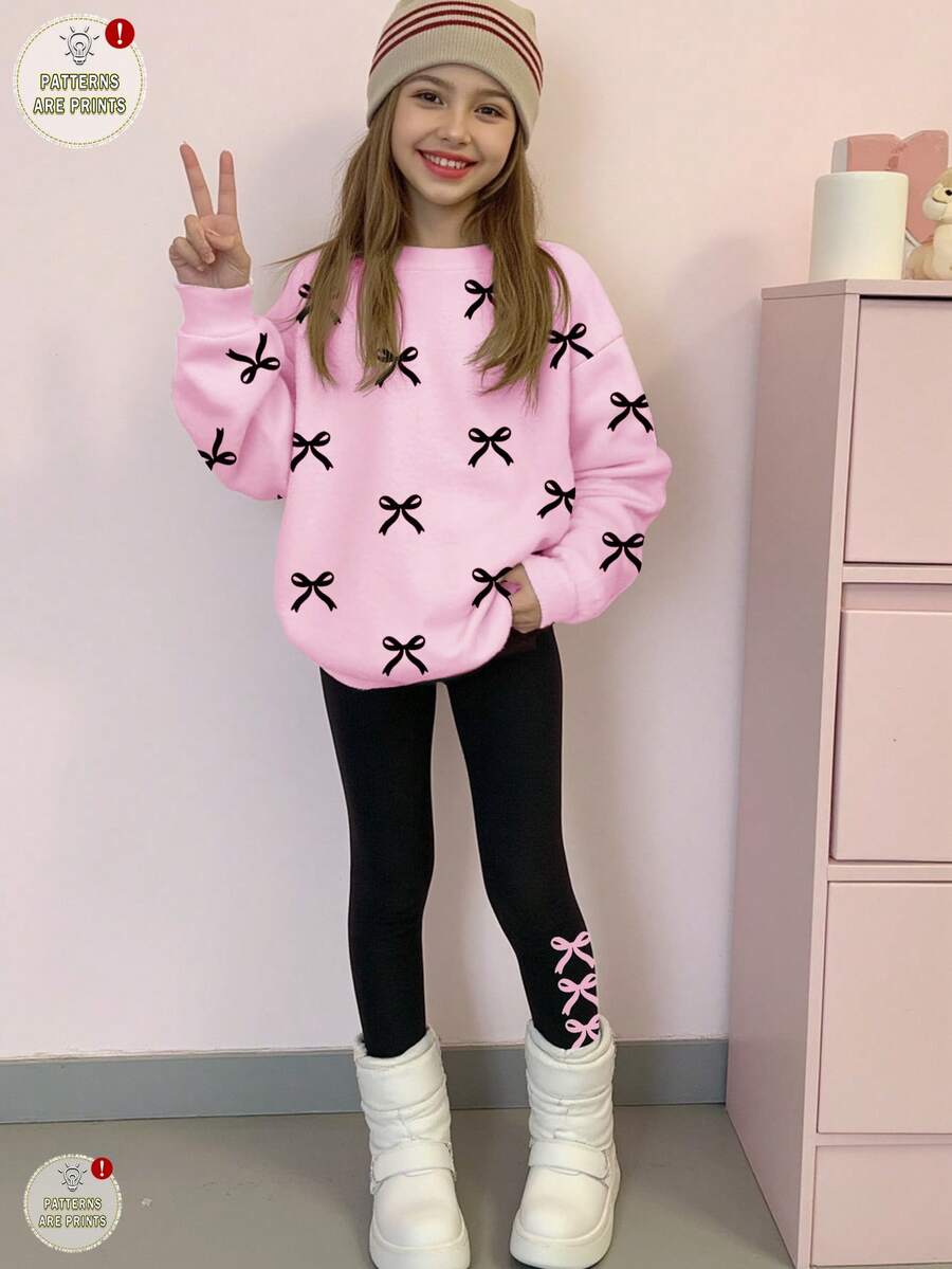 SHEIN Leap Crew 两件套少女休闲波点蝴蝶结装饰圆领长袖卫衣和打底裤套装，时尚秋冬装 - 彩色 - 查看 1