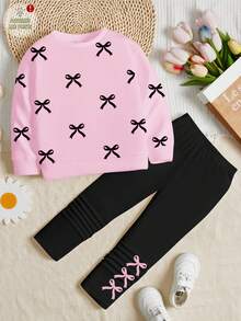 SHEIN Leap Crew 两件套少女休闲波点蝴蝶结装饰圆领长袖卫衣和打底裤套装，时尚秋冬装 - 彩色 - 查看 2