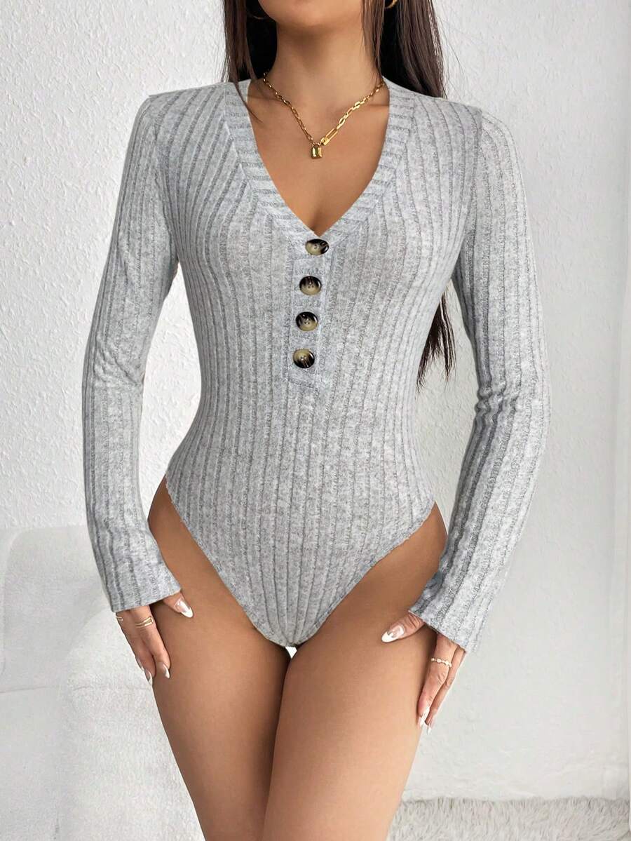 SHEIN PETITE 女式休闲纯色罗纹V领长袖紧身衣 - 淺灰色 - 查看 1