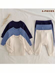 Loomiva 6 Stücke Neugeborenen Baby Jungen/Mädchen Set aus einfarbigem gestricktem weichem Pullover mit Rundhalsausschnitt und Langarm sowie Hose mit elastischem Bund - Verschiedenfarbig - Übersicht 7