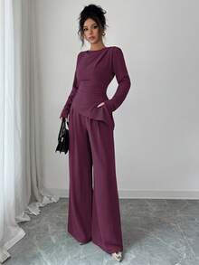 SHEIN Raffinéa 2pcs Women Solid Color Fold Hem Asymmetrical Hem Long Sleeve Set - Purple - View 4