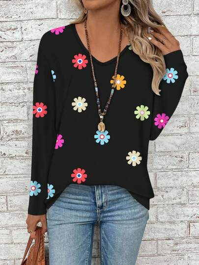 EMERY ROSE Casual Colorful Floral Print Plus Size V-Neck Long Sleeve Loose T-Shirt For Women, Suitable For Spring & Autumn