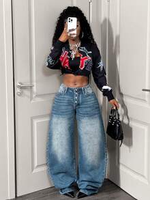 BamGleam Women's Low Waist Fashionable Loose Casual Street Wear Jeans - Dark Wash - View 1