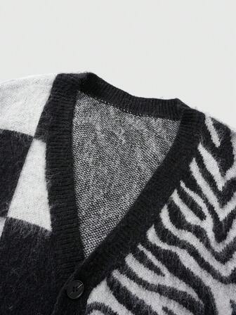 Street Life Men's Autumn/Winter Fashion Colorblock Checkerboard & Zebra Print Patchwork Sweater