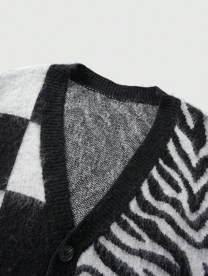Street Life Men's Autumn/Winter Fashion Colorblock Checkerboard & Zebra Print Patchwork Sweater