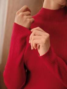 MOTF PREMIUM VESTIDO SUÉTER DE CUELLO ALTO MINIMALISTA DE DISEÑO ESTRUCTURADO DE PUNTO PARA MUJER DE OTOÑO/INVIERNO - Rojo - Ver 2