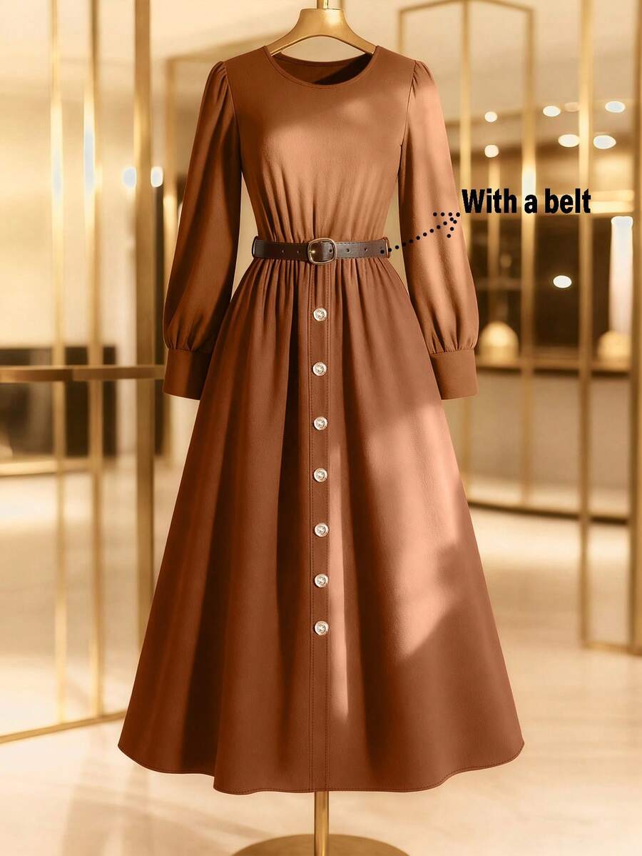 GlowEve Women's Brown Vintage Knit Top Paired With Woven Pleated Midi Skirt, Round Neck Long Sleeve, Metal Button Belt, Elegant Fitted Dress For Commute, Autumn/Winter - Brown - View 1